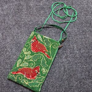 Vintage Beaded Cardinal Bird Crossbody Phone Bag Green Red Sequin Boho Pouch